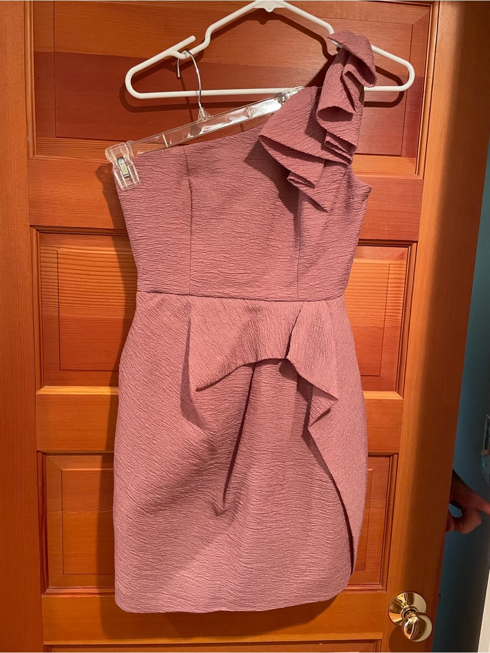 BCBGMaxAzria One-Shoulder Ruffle Peplum Dress in Mauve